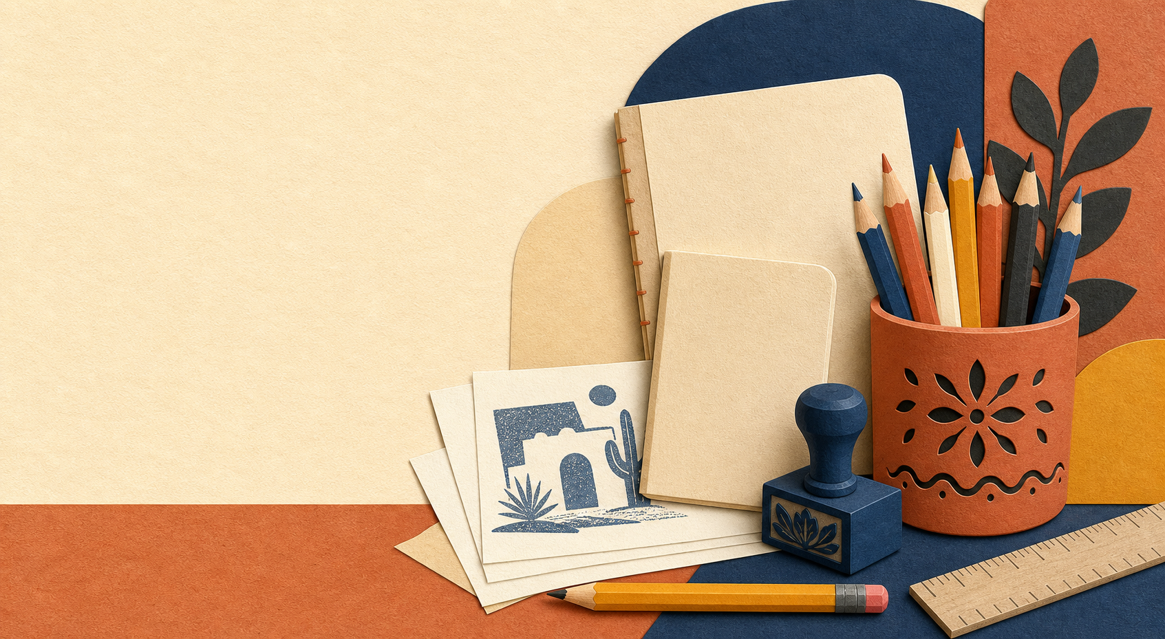Cuadernos, lápices, hojas y un sello de tinta sobre papel